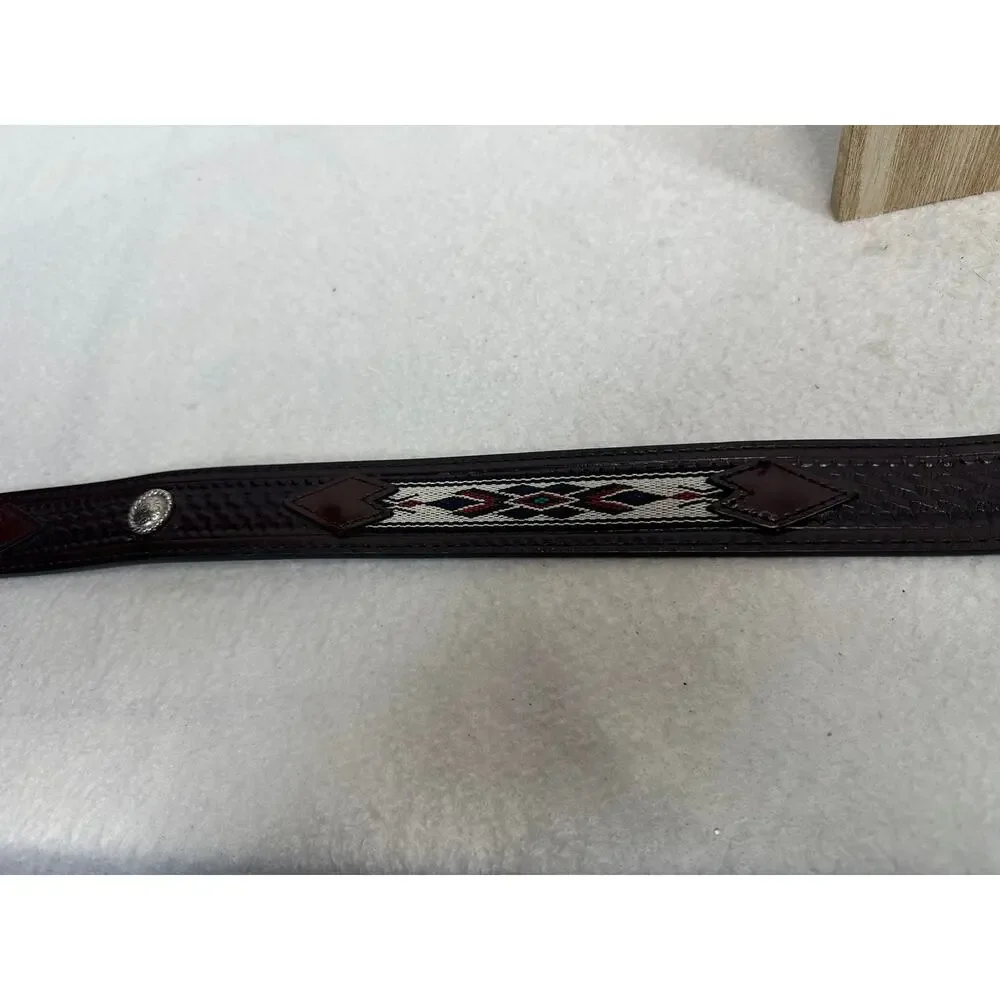 Western Brown Leather Belt Tooled Basketweave Embroidered Keeps & Conchos SZ 42